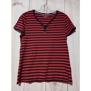 Nautica Shirt Ladies Large Navy Red Short Sleeve‎ VNeck Soft Stretchy Casual
